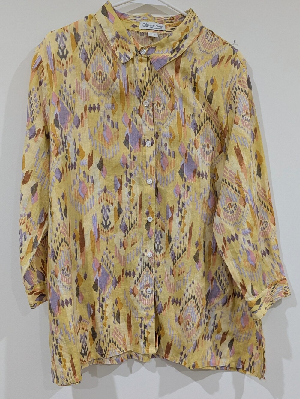 Coldwater Creek Yellow Ikat Print Button-Down Shirt